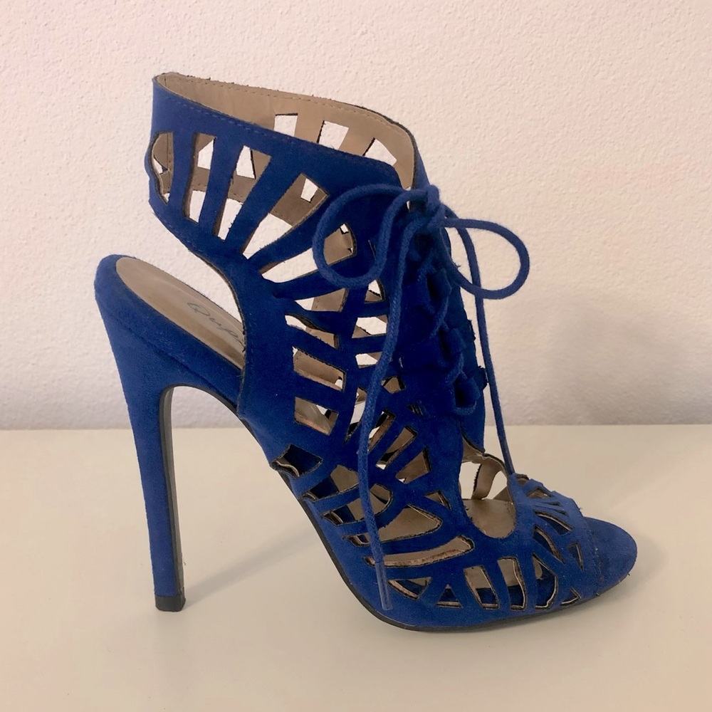 Qupid Faux Suede Ankle Strappy Cutout Heel Booties